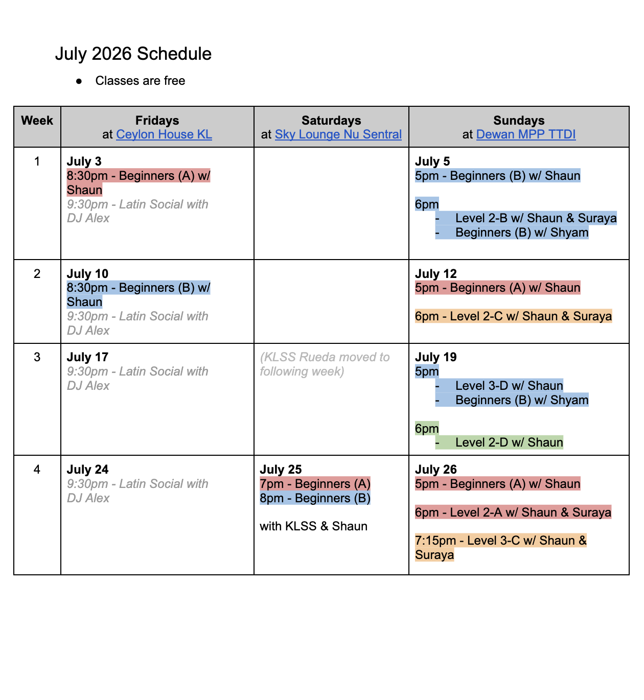 May 2026 class schedule